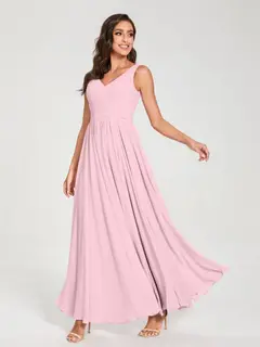 A-Line/Princess Chiffon V-Neck Sleeveless Floor-Length Bridemaid Dresses With Pleats — view 26