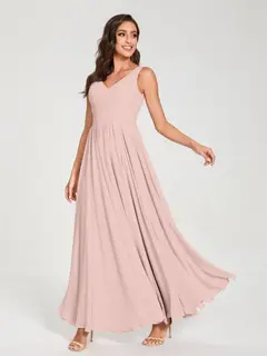A-Line/Princess Chiffon V-Neck Sleeveless Floor-Length Bridemaid Dresses With Pleats — view 27
