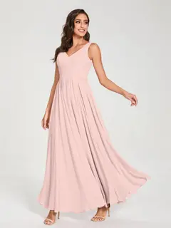 A-Line/Princess Chiffon V-Neck Sleeveless Floor-Length Bridemaid Dresses With Pleats — view 28