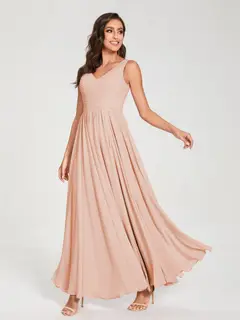 A-Line/Princess Chiffon V-Neck Sleeveless Floor-Length Bridemaid Dresses With Pleats — view 29