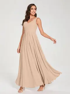 A-Line/Princess Chiffon V-Neck Sleeveless Floor-Length Bridemaid Dresses With Pleats — view 30