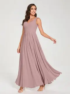 A-Line/Princess Chiffon V-Neck Sleeveless Floor-Length Bridemaid Dresses With Pleats — view 31