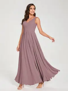 A-Line/Princess Chiffon V-Neck Sleeveless Floor-Length Bridemaid Dresses With Pleats — view 32