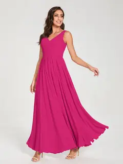 A-Line/Princess Chiffon V-Neck Sleeveless Floor-Length Bridemaid Dresses With Pleats — view 35
