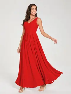 A-Line/Princess Chiffon V-Neck Sleeveless Floor-Length Bridemaid Dresses With Pleats — view 37