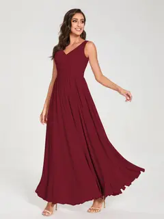 A-Line/Princess Chiffon V-Neck Sleeveless Floor-Length Bridemaid Dresses With Pleats — view 38