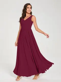 A-Line/Princess Chiffon V-Neck Sleeveless Floor-Length Bridemaid Dresses With Pleats — view 39