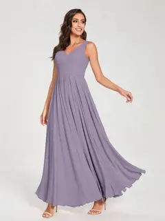 A-Line/Princess Chiffon V-Neck Sleeveless Floor-Length Bridemaid Dresses With Pleats — view 40