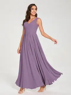 A-Line/Princess Chiffon V-Neck Sleeveless Floor-Length Bridemaid Dresses With Pleats — view 41