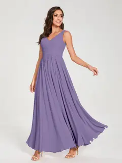 A-Line/Princess Chiffon V-Neck Sleeveless Floor-Length Bridemaid Dresses With Pleats — view 42