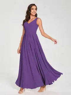 A-Line/Princess Chiffon V-Neck Sleeveless Floor-Length Bridemaid Dresses With Pleats — view 43