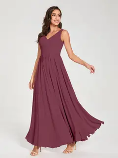 A-Line/Princess Chiffon V-Neck Sleeveless Floor-Length Bridemaid Dresses With Pleats — view 44