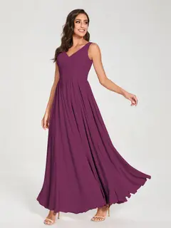 A-Line/Princess Chiffon V-Neck Sleeveless Floor-Length Bridemaid Dresses With Pleats — view 45