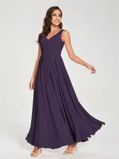 A-Line/Princess Chiffon V-Neck Sleeveless Floor-Length Bridemaid Dresses With Pleats — view 46