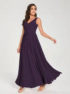 A-Line/Princess Chiffon V-Neck Sleeveless Floor-Length Bridemaid Dresses With Pleats — view 47