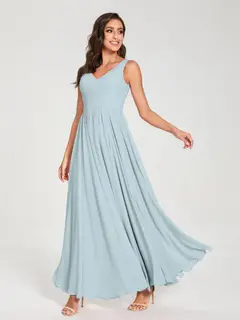 A-Line/Princess Chiffon V-Neck Sleeveless Floor-Length Bridemaid Dresses With Pleats — view 48