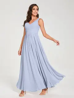 A-Line/Princess Chiffon V-Neck Sleeveless Floor-Length Bridemaid Dresses With Pleats — view 49
