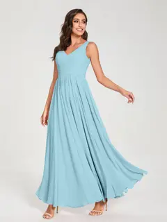 A-Line/Princess Chiffon V-Neck Sleeveless Floor-Length Bridemaid Dresses With Pleats — view 50