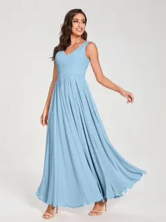 A-Line/Princess Chiffon V-Neck Sleeveless Floor-Length Bridemaid Dresses With Pleats — view 51