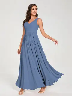A-Line/Princess Chiffon V-Neck Sleeveless Floor-Length Bridemaid Dresses With Pleats — view 52