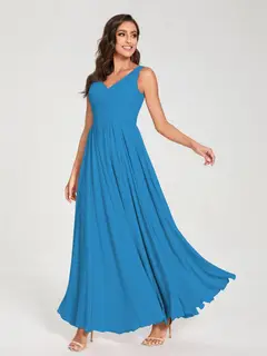 A-Line/Princess Chiffon V-Neck Sleeveless Floor-Length Bridemaid Dresses With Pleats — view 54