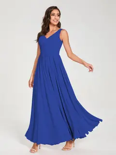 A-Line/Princess Chiffon V-Neck Sleeveless Floor-Length Bridemaid Dresses With Pleats — view 55