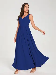 A-Line/Princess Chiffon V-Neck Sleeveless Floor-Length Bridemaid Dresses With Pleats — view 57