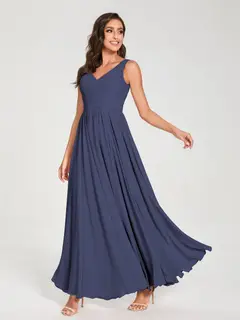A-Line/Princess Chiffon V-Neck Sleeveless Floor-Length Bridemaid Dresses With Pleats — view 58