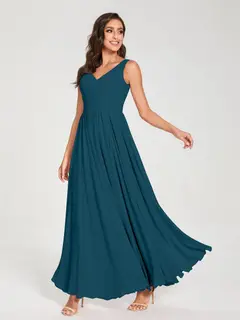 A-Line/Princess Chiffon V-Neck Sleeveless Floor-Length Bridemaid Dresses With Pleats — view 59