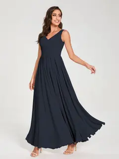 A-Line/Princess Chiffon V-Neck Sleeveless Floor-Length Bridemaid Dresses With Pleats — view 60