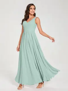 A-Line/Princess Chiffon V-Neck Sleeveless Floor-Length Bridemaid Dresses With Pleats — view 61