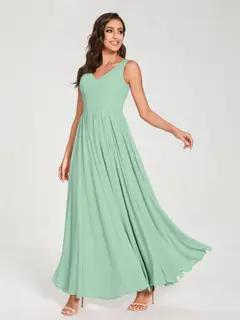 A-Line/Princess Chiffon V-Neck Sleeveless Floor-Length Bridemaid Dresses With Pleats — view 62