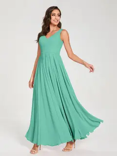 A-Line/Princess Chiffon V-Neck Sleeveless Floor-Length Bridemaid Dresses With Pleats — view 63