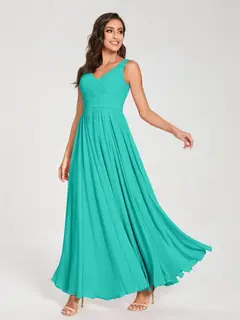 A-Line/Princess Chiffon V-Neck Sleeveless Floor-Length Bridemaid Dresses With Pleats — view 64