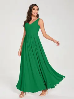 A-Line/Princess Chiffon V-Neck Sleeveless Floor-Length Bridemaid Dresses With Pleats — view 65