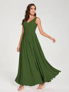 A-Line/Princess Chiffon V-Neck Sleeveless Floor-Length Bridemaid Dresses With Pleats — view 66