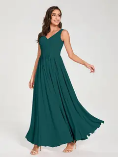 A-Line/Princess Chiffon V-Neck Sleeveless Floor-Length Bridemaid Dresses With Pleats — view 67