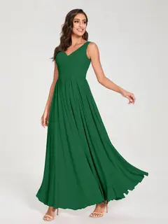 A-Line/Princess Chiffon V-Neck Sleeveless Floor-Length Bridemaid Dresses With Pleats — view 68