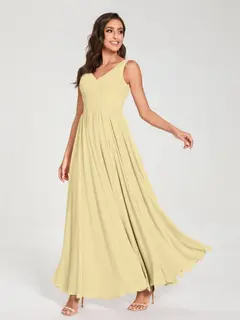 A-Line/Princess Chiffon V-Neck Sleeveless Floor-Length Bridemaid Dresses With Pleats — view 69