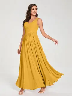 A-Line/Princess Chiffon V-Neck Sleeveless Floor-Length Bridemaid Dresses With Pleats — view 71