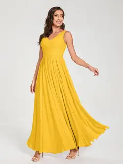 A-Line/Princess Chiffon V-Neck Sleeveless Floor-Length Bridemaid Dresses With Pleats — view 72
