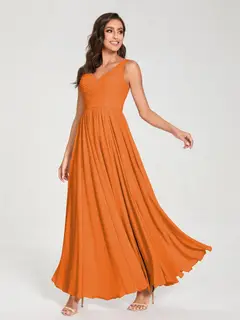 A-Line/Princess Chiffon V-Neck Sleeveless Floor-Length Bridemaid Dresses With Pleats — view 73