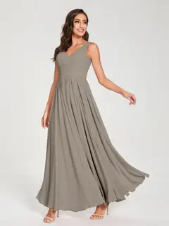 A-Line/Princess Chiffon V-Neck Sleeveless Floor-Length Bridemaid Dresses With Pleats — view 74
