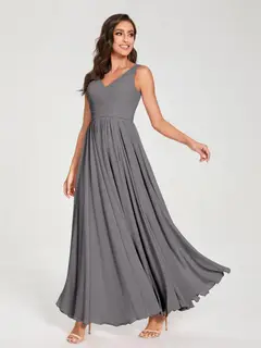 A-Line/Princess Chiffon V-Neck Sleeveless Floor-Length Bridemaid Dresses With Pleats — view 75