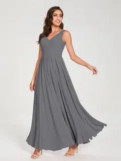A-Line/Princess Chiffon V-Neck Sleeveless Floor-Length Bridemaid Dresses With Pleats — view 76