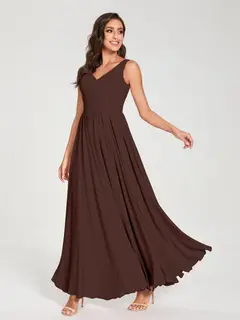A-Line/Princess Chiffon V-Neck Sleeveless Floor-Length Bridemaid Dresses With Pleats — view 77