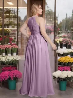 A-Line/Princess Halter Sleeveless Floor-Length Unique Plus Size Bridesmaid Dresses — view 2