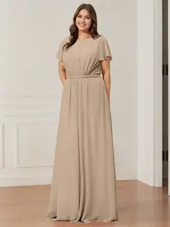 A-Line/Princess Scoop Neck Short Sleeves Floor-Length Bridesmaid Dresses with Pocket & Ruffles — view 1