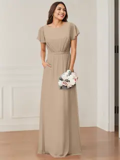 A-Line/Princess Scoop Neck Short Sleeves Floor-Length Bridesmaid Dresses with Pocket & Ruffles — view 2