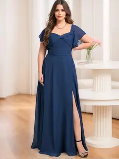 A-Line/Princess V-Neck Short Sleeves Floor-Length Unique Plus Size Bridesmaid Dresses with Split Side — view 1